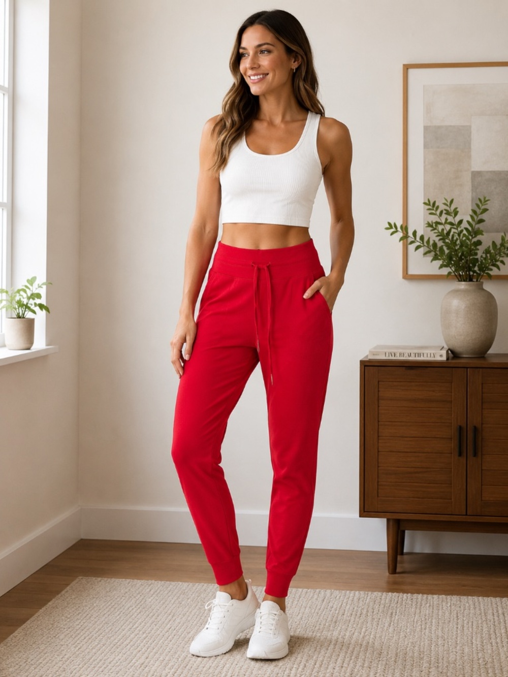 Halara High Waisted Jogger Leggings Women's Red Drawstring Athleisure Size M